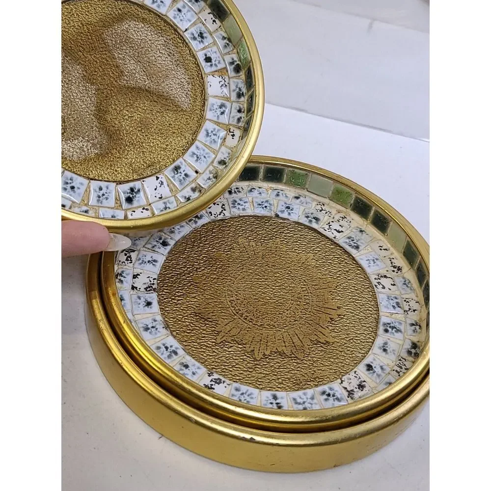 Nesting Set MCM Mosaic Tile Coasters NUT‎ DISH Ashtrays Lynn Paulin Gold Gilt - Picture 10 of 11